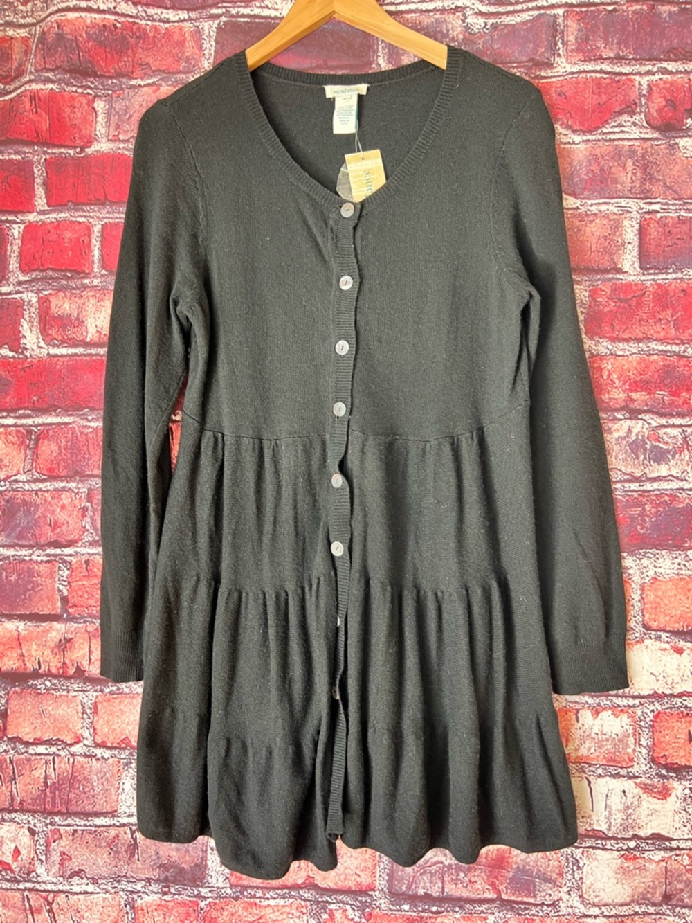 Sundance Black Knit Tiered Babydoll Dress Button Front